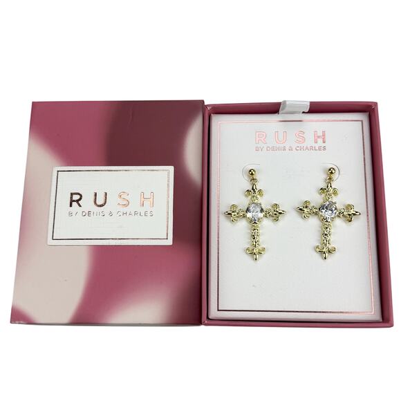 NWT RUSH Gold Cross Rhinestone Earrings - Picture 4 of 6